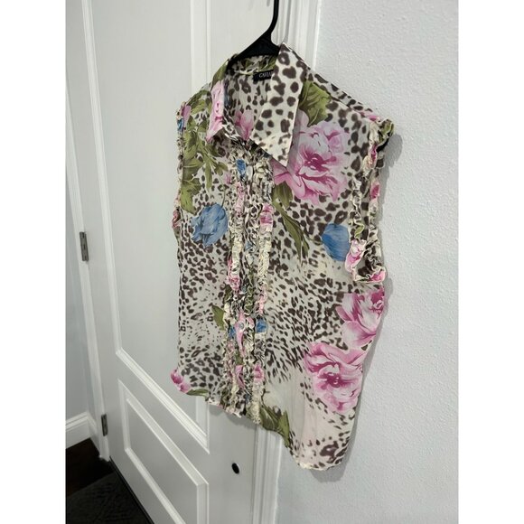 Caviar Leopard Floral Ruffle Button Front Shirt Sz Medium Sleeveless Garden - Picture 3 of 8